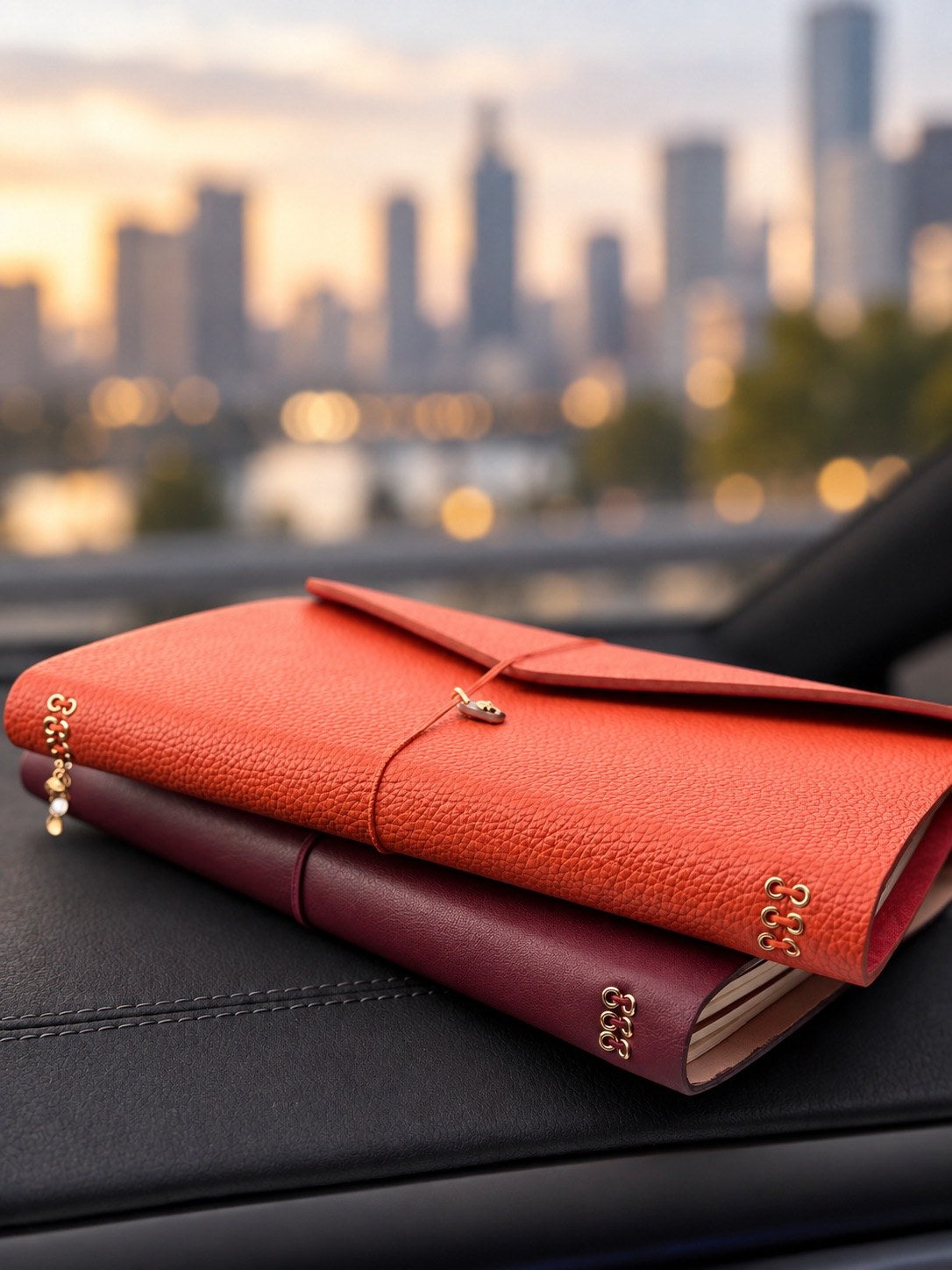Burgundy leather notebook cover · skyline
