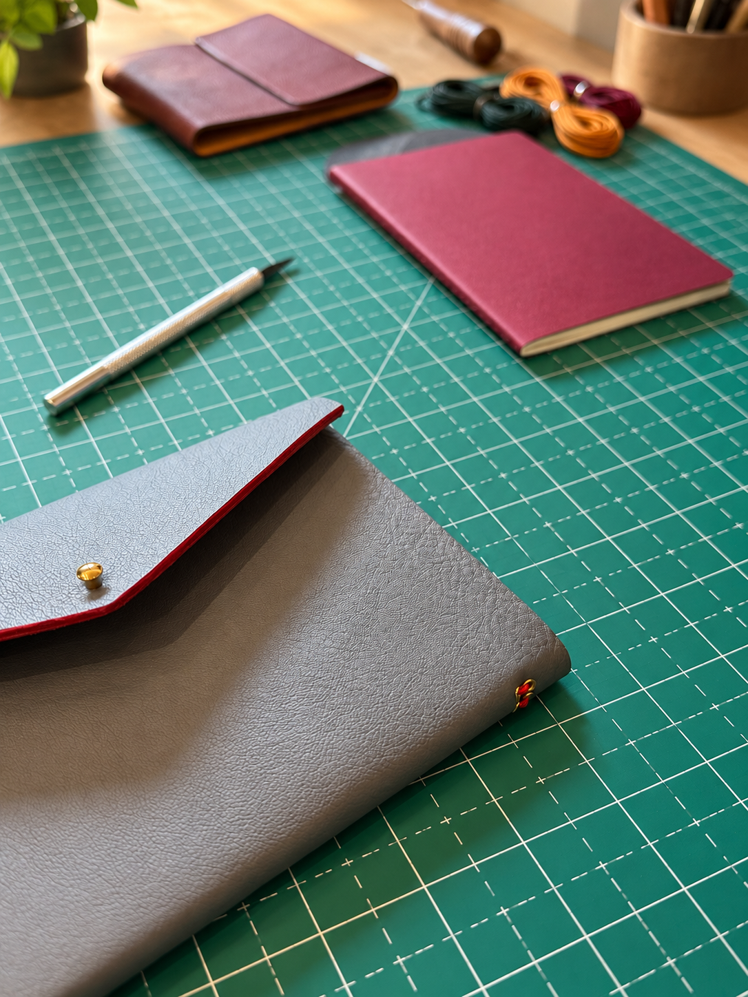 Arrondi leather notebook covers, colorful cords, and tools on a workshop cutting mat.