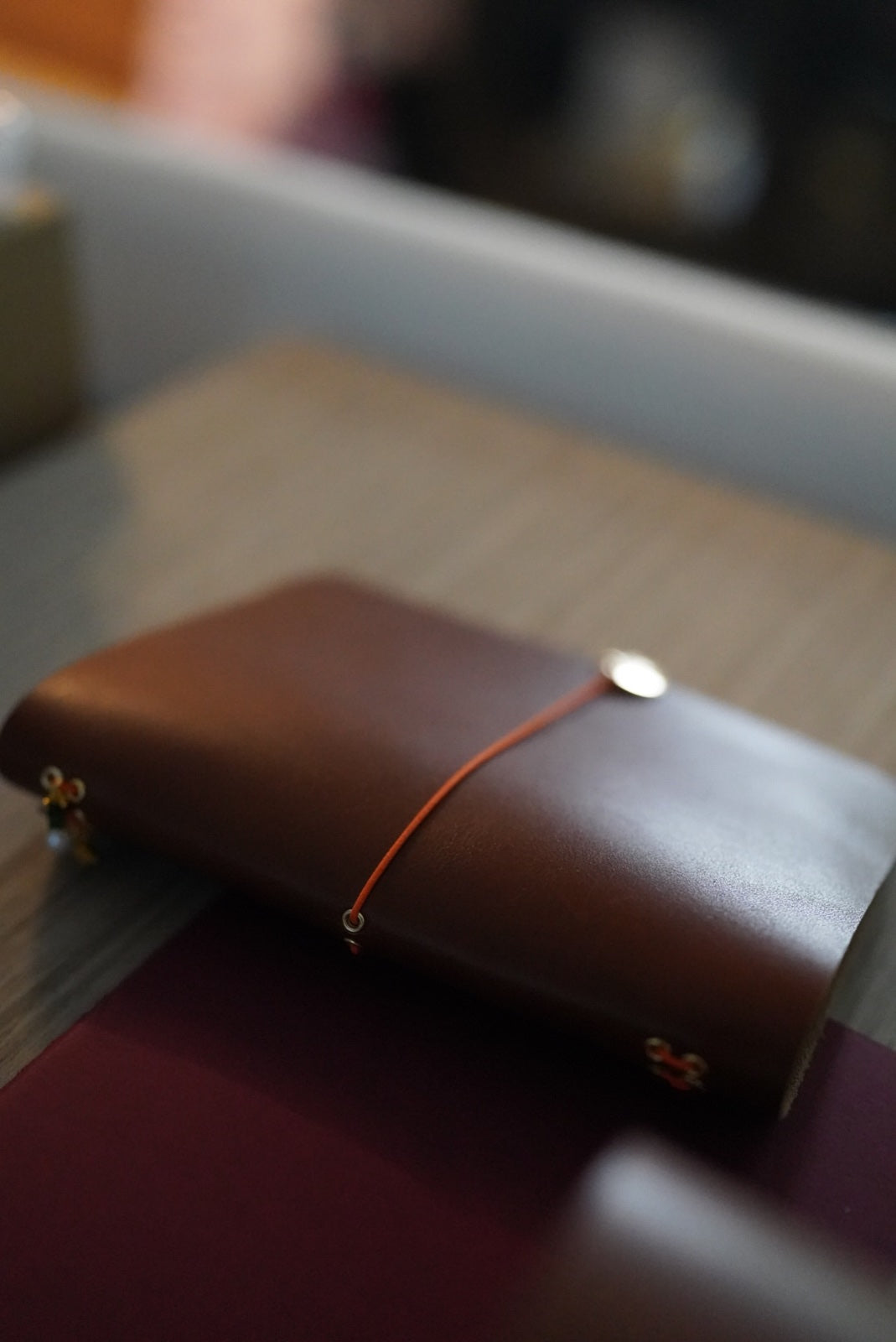 Close view of the leather and rounded notebook spine