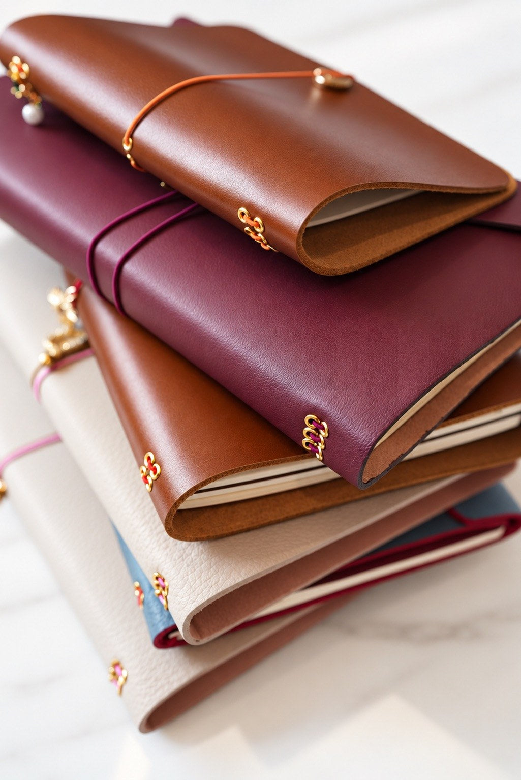 A stack of leather covers and their closure details